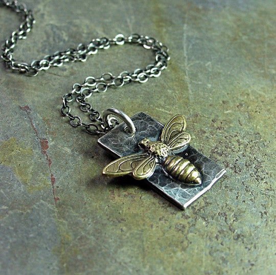 Bee Pendant in Sterling Silver with Brass Bee - Bee My Honey