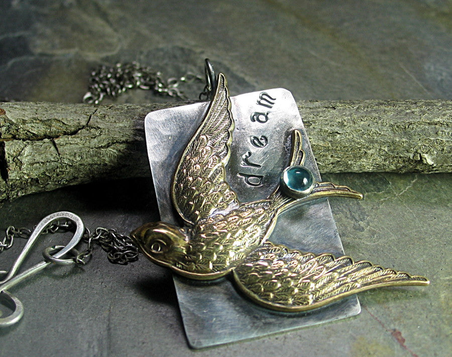 Sterling silver bird pendant with Apatite gemstone Dream
