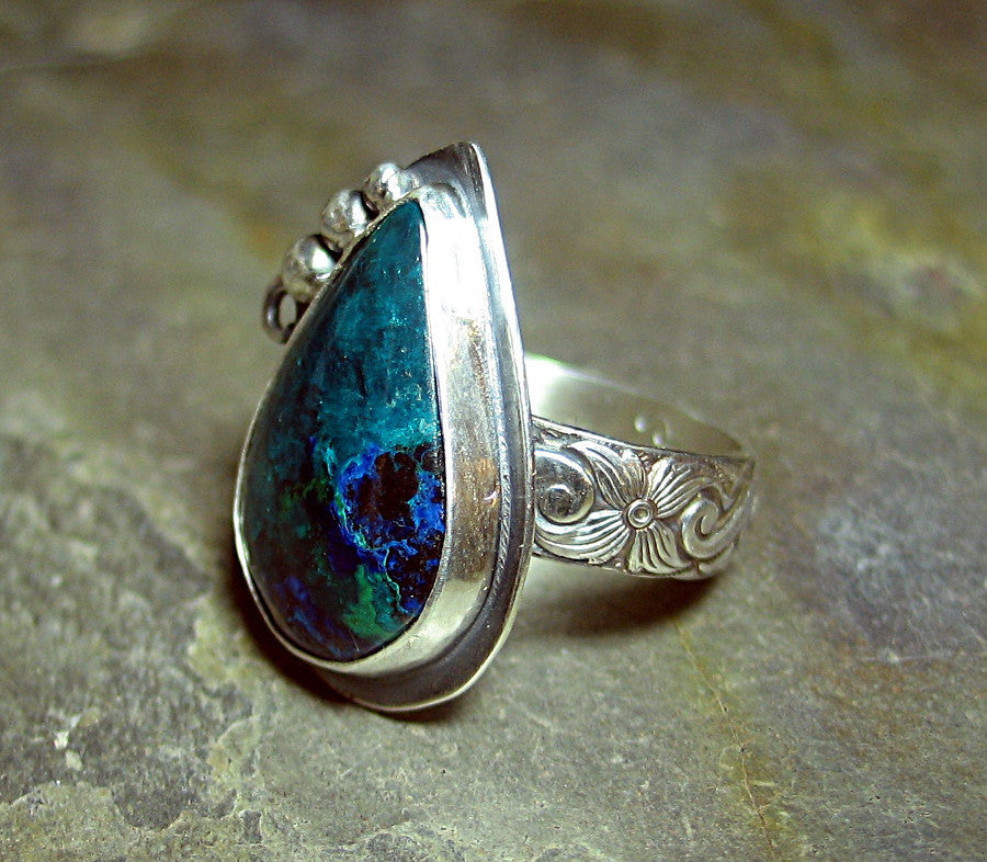 Chrysocolla and Malachite Stainless top Steel Ring